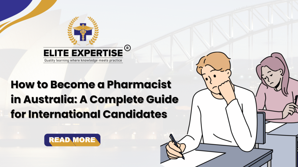 International pharmacist reviewing medication chart in an Australian pharmacy