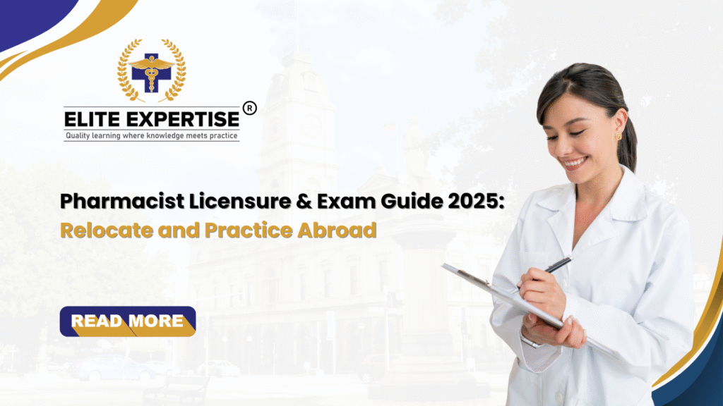 Global pharmacy licensure roadmap with exam icons
